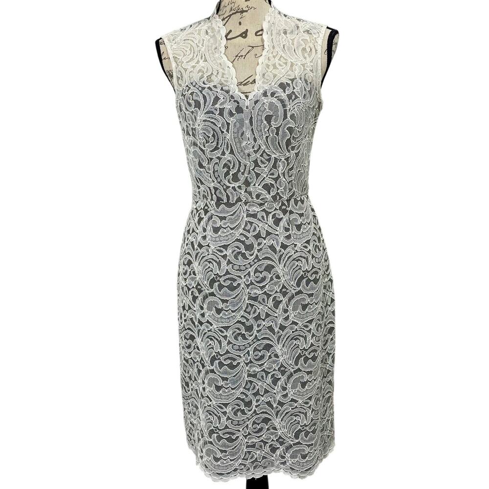 Dessy Collection Ivory Lace Overlay Brown Sheath Dress Cocktail Sz 6